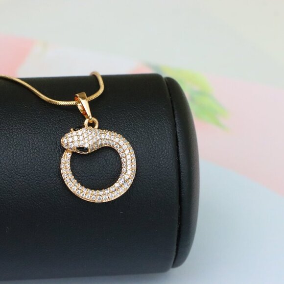 "Rose Gold Snake Circle Pendant with Sparkling CZ and Black Eyes, XPPT1529 - Picture 6 of 13